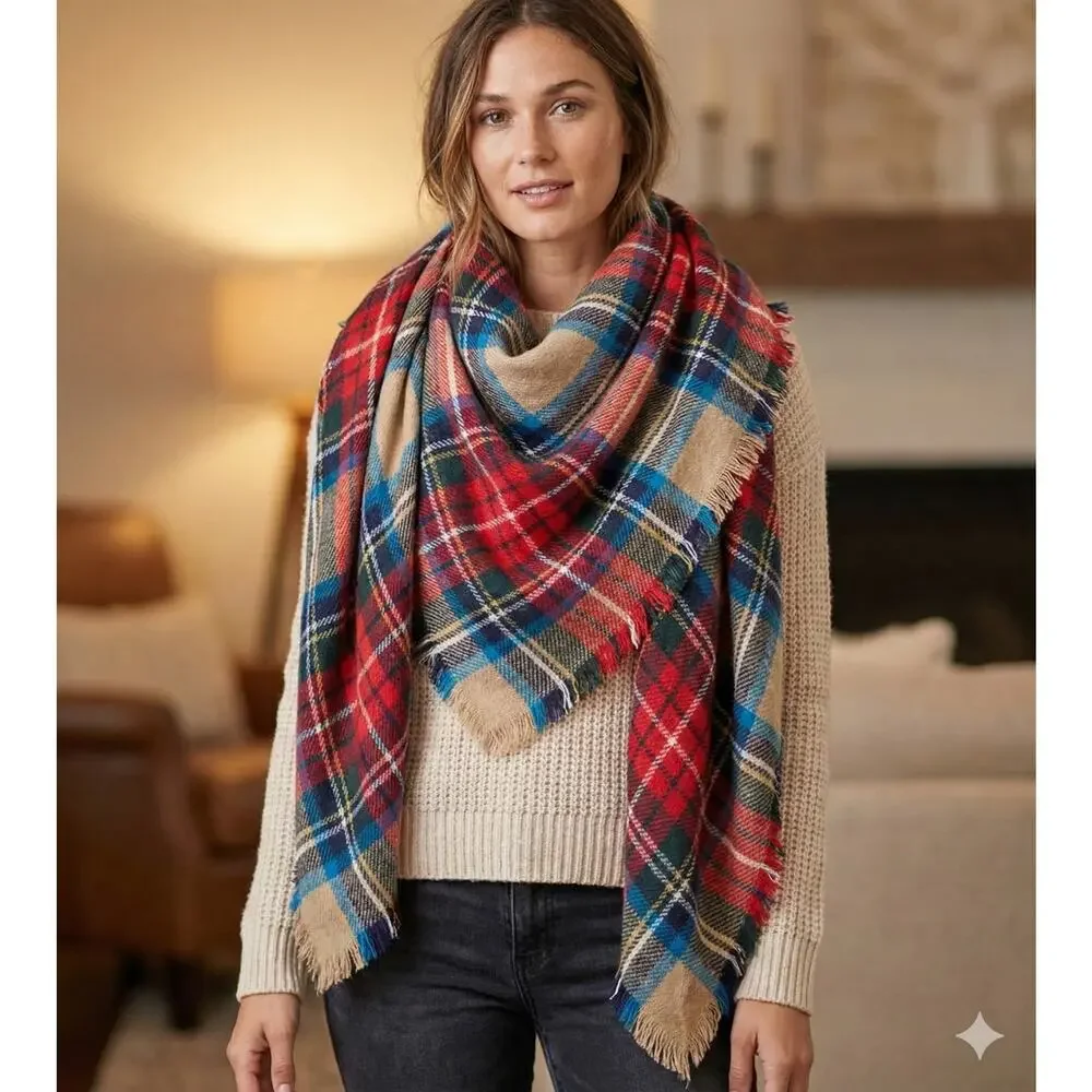 Large Blanket Scarf Plaid Blue Red White Cream 60